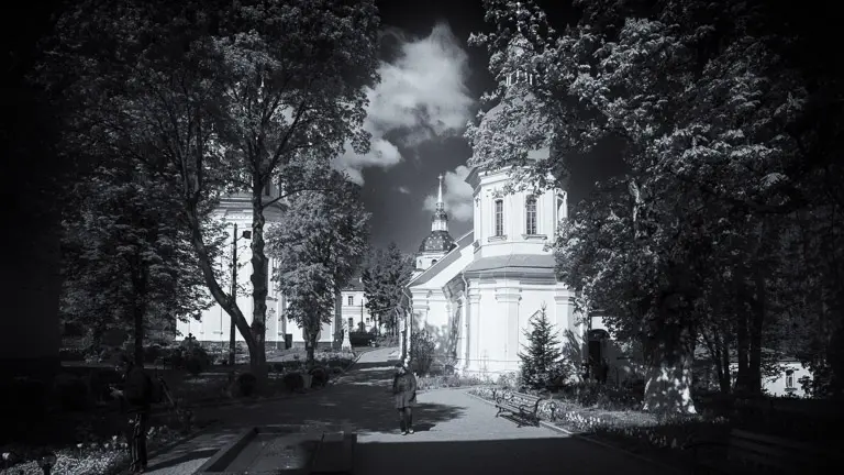 Orthodox monastery in black and white