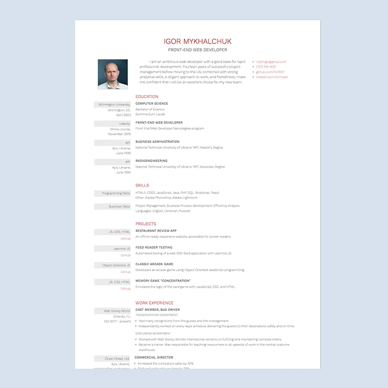 resume page screenshot